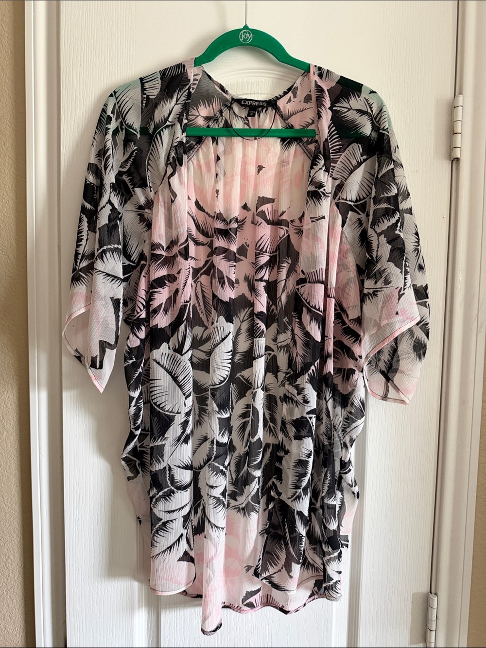 Express Sheer Leaf-Print Open Front Kimono in Pink and Black